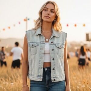 Jean Vest Light Wash Denim Western Cowgirl Festival Rodeo Trucker‎ Grunge Size S